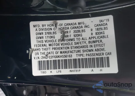 2019 Honda Civic Lx из США, поврежденный, VIN 2HGFC2F6XKH556163